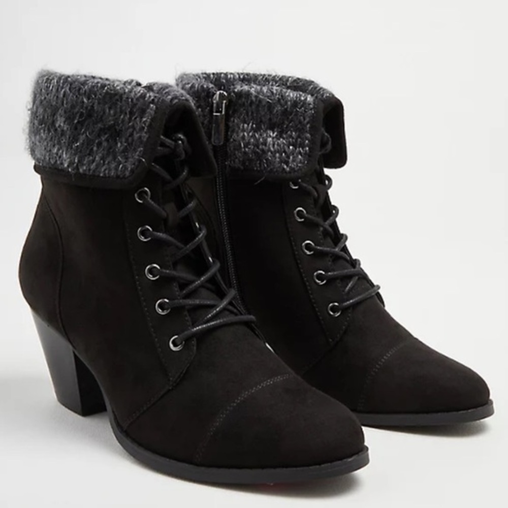 SWEATER HEEL BOOTIE - BLACK FAUX SUEDE in size 12 wide width